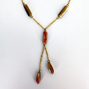 Vintage Mother of Pearl Shell Y-Necklace Iridescent Earth Tones Coral Gold Tone